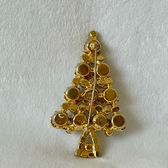 Vintage Hobo Rhinestone Goldtone Brooch Christmas Tree Pin Green Red Gray - Picture 8 of 13